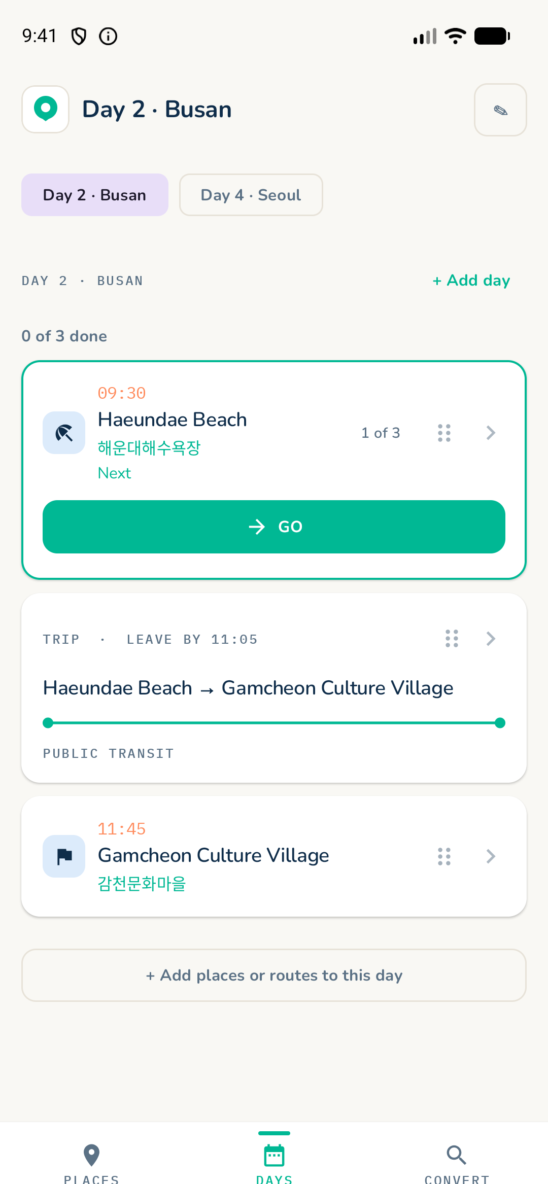Maptinerary Days tab showing a day's stops, the next-stop GO card, and the route between two places